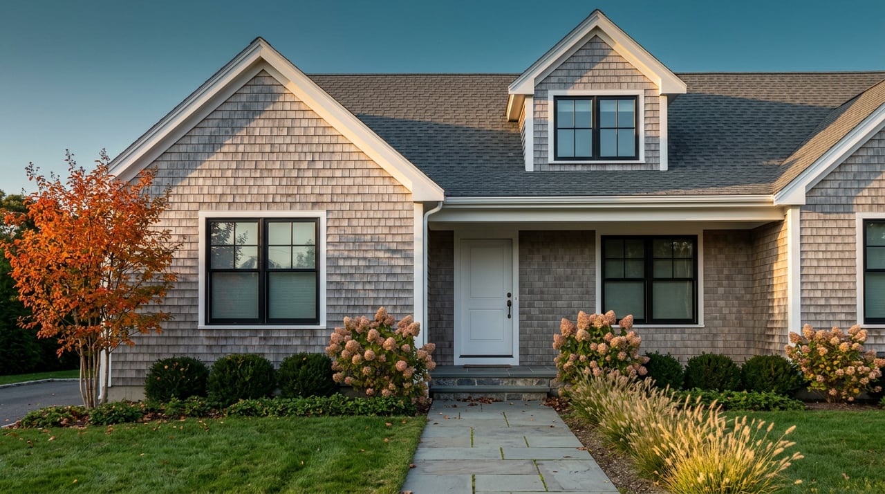 Gray-shingle home with a gabled dormer, white trim, and a bluestone walk across the lawn.