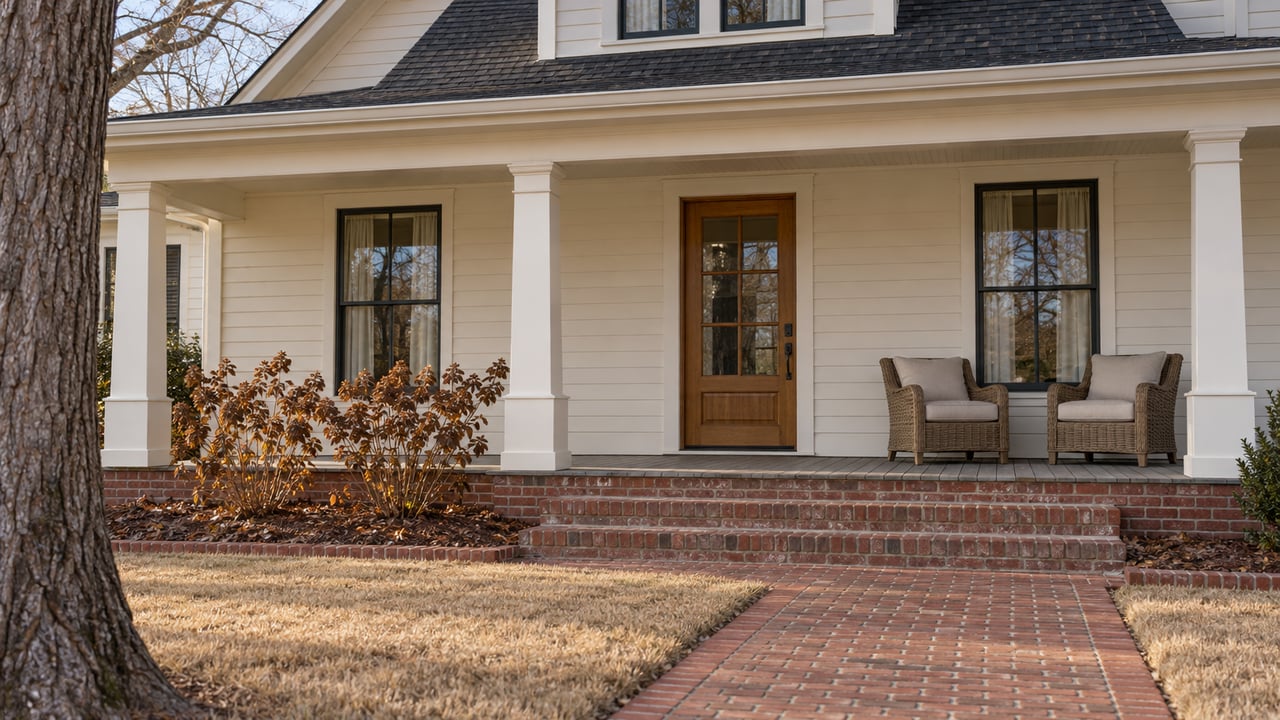 Ivory wood-sided home with a broad porch, brick steps, cane chairs and copper-leaved oakleaf hydrangeas in winter morning light.