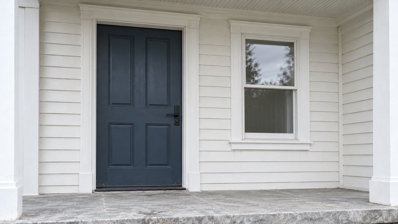 Covered house entry with an ink-blue paneled door, white clapboards, a sash window, and a light-gray stone landing.