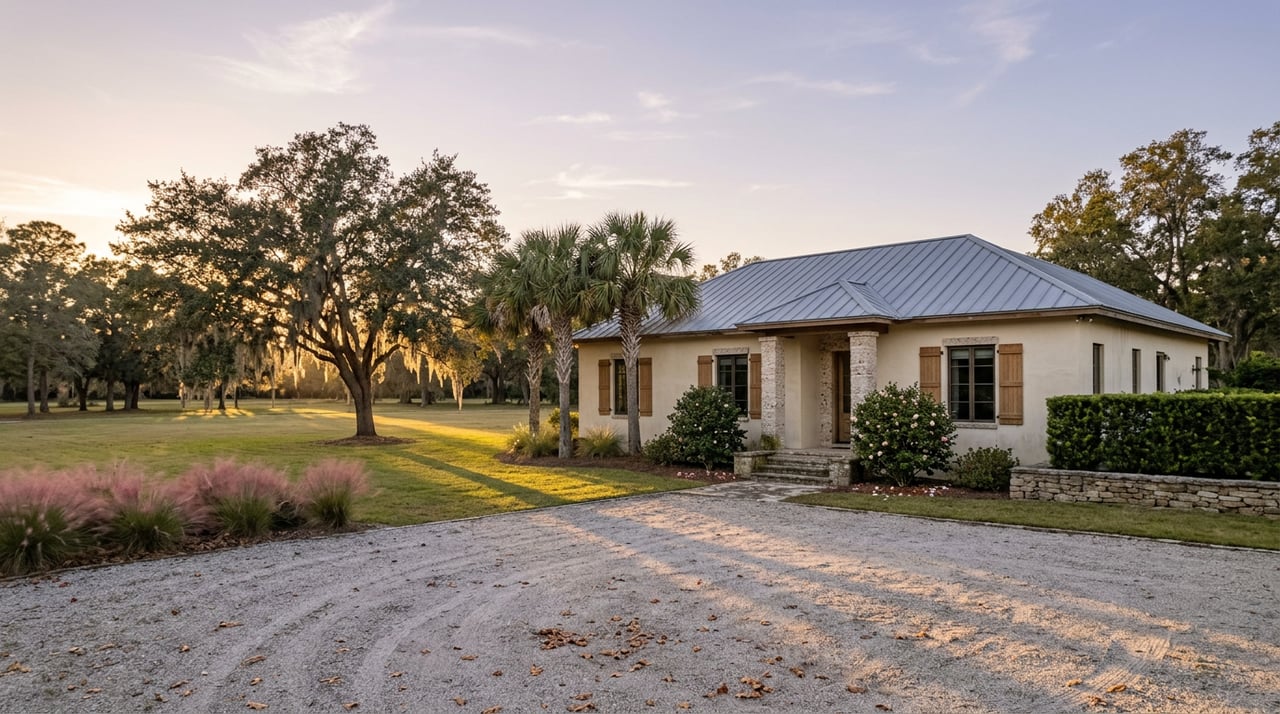 Ivory-stucco estate with gray metal roof, broad lawn, gravel court, moss-draped oak, and stone wall.