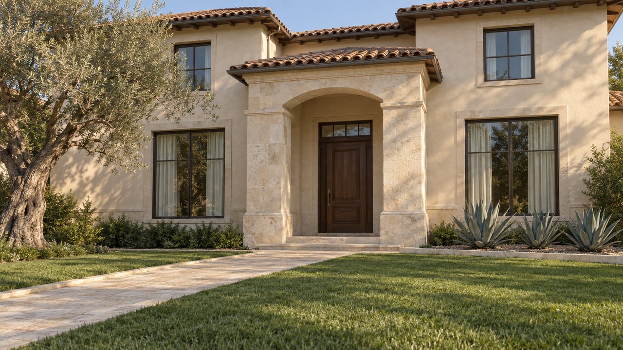 Cream stucco home with a clay tile roof, recessed limestone entry, broad lawn and a mature olive tree in late-afternoon light.