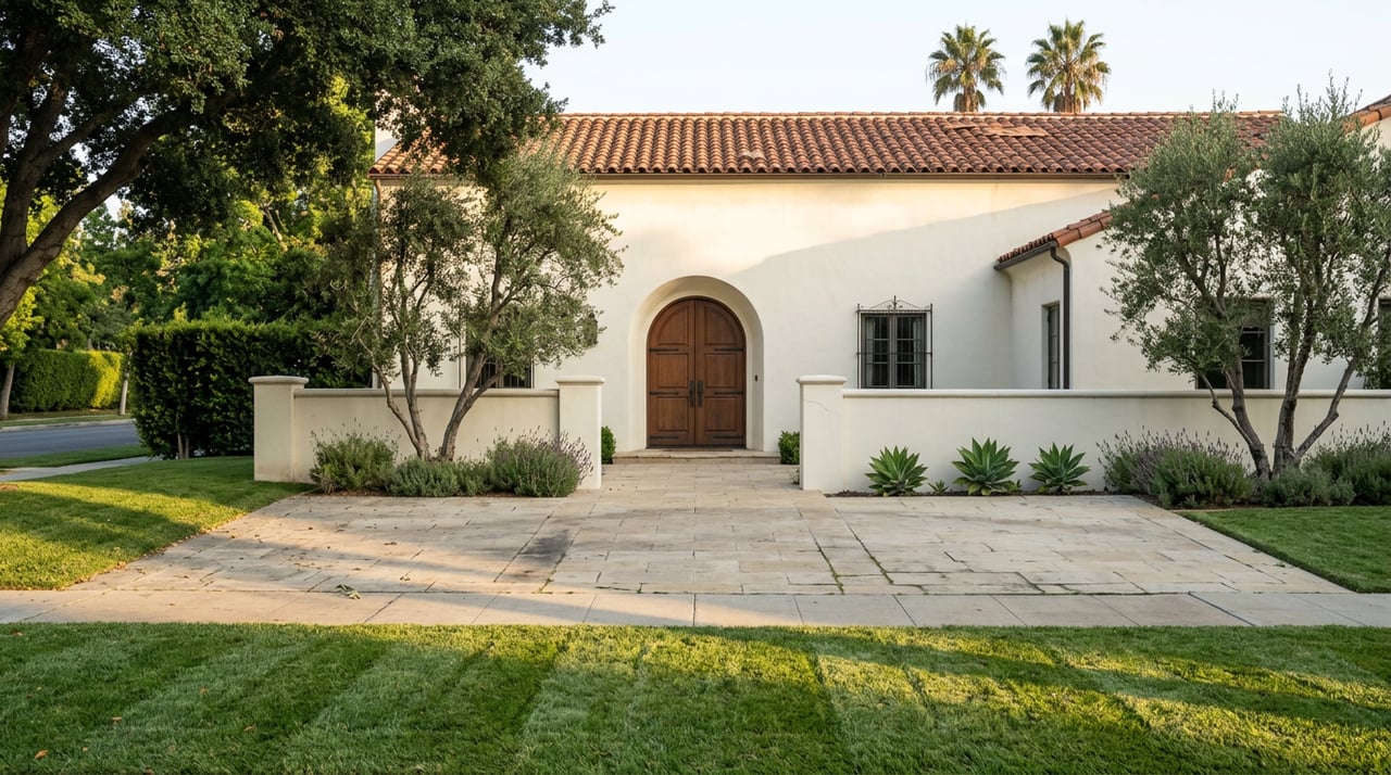 Ivory stucco home with a terracotta tile roof, arched walnut entry, olive trees, and a deep green lawn.