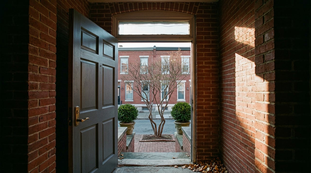 Open paneled doorway frames a brick stoop, clipped boxwood planters, and rowhouses across the street.