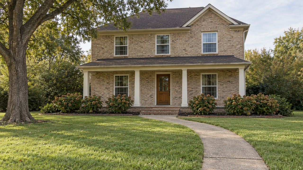 Established buff-brick home with an ivory-columned porch, deep front lawn, curved concrete walk, and mature willow oak.