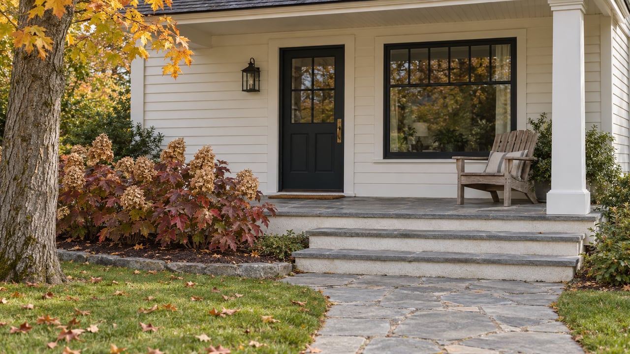 Light-painted clapboard home with a bluestone porch, teak chair and autumn maple beside a garden approach.