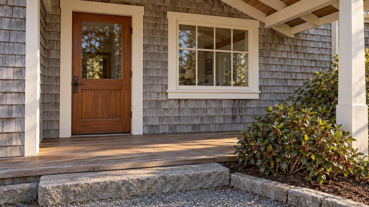 Weathered cedar cottage entry with ivory trim, redwood porch boards, a sandstone step and one salal shrub in morning light.