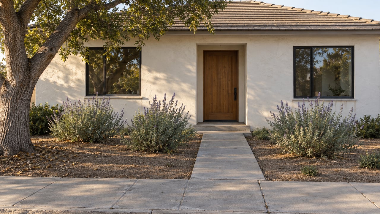 Off-white stucco house with a recessed wood door, flanked by black-framed windows and a planted front yard.