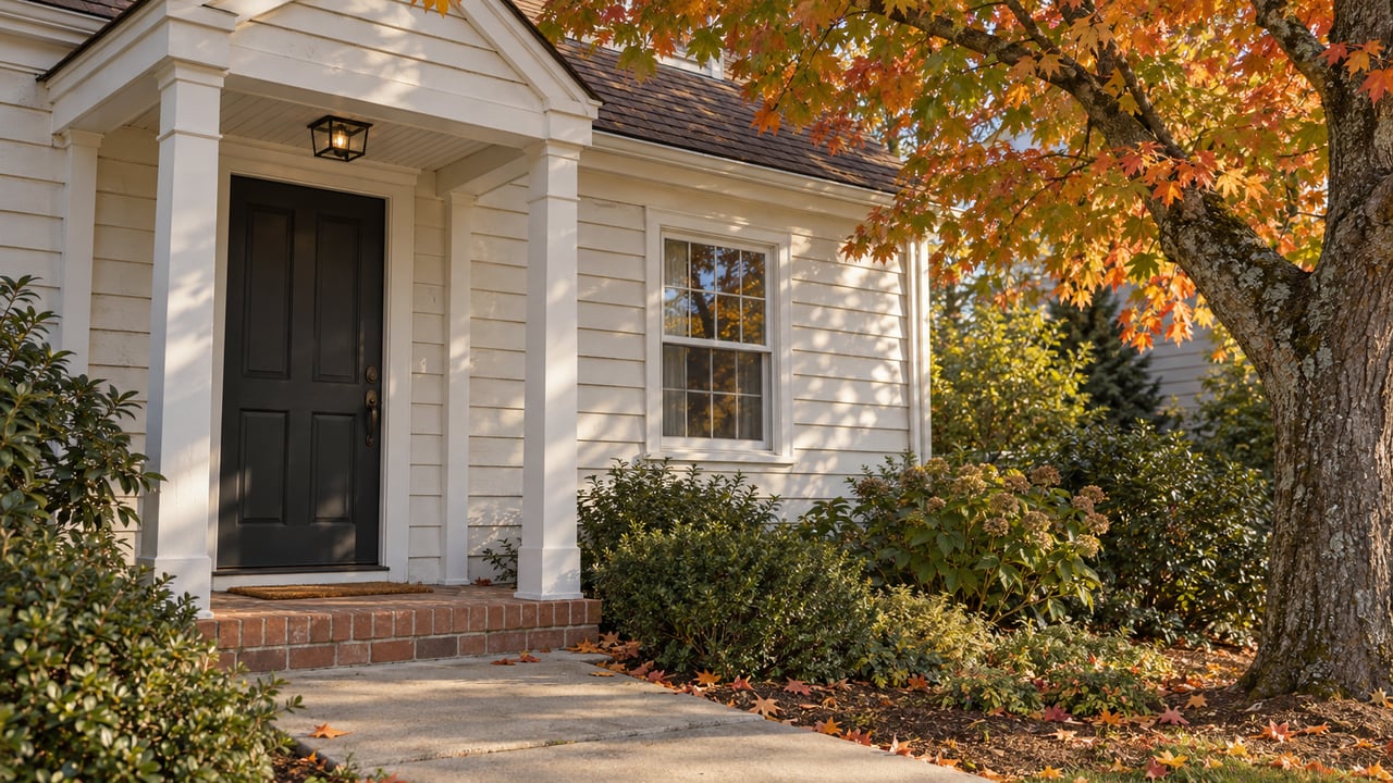 Cape-style house entry with a dark door, brick step, and autumn leaves beneath a spreading tree.