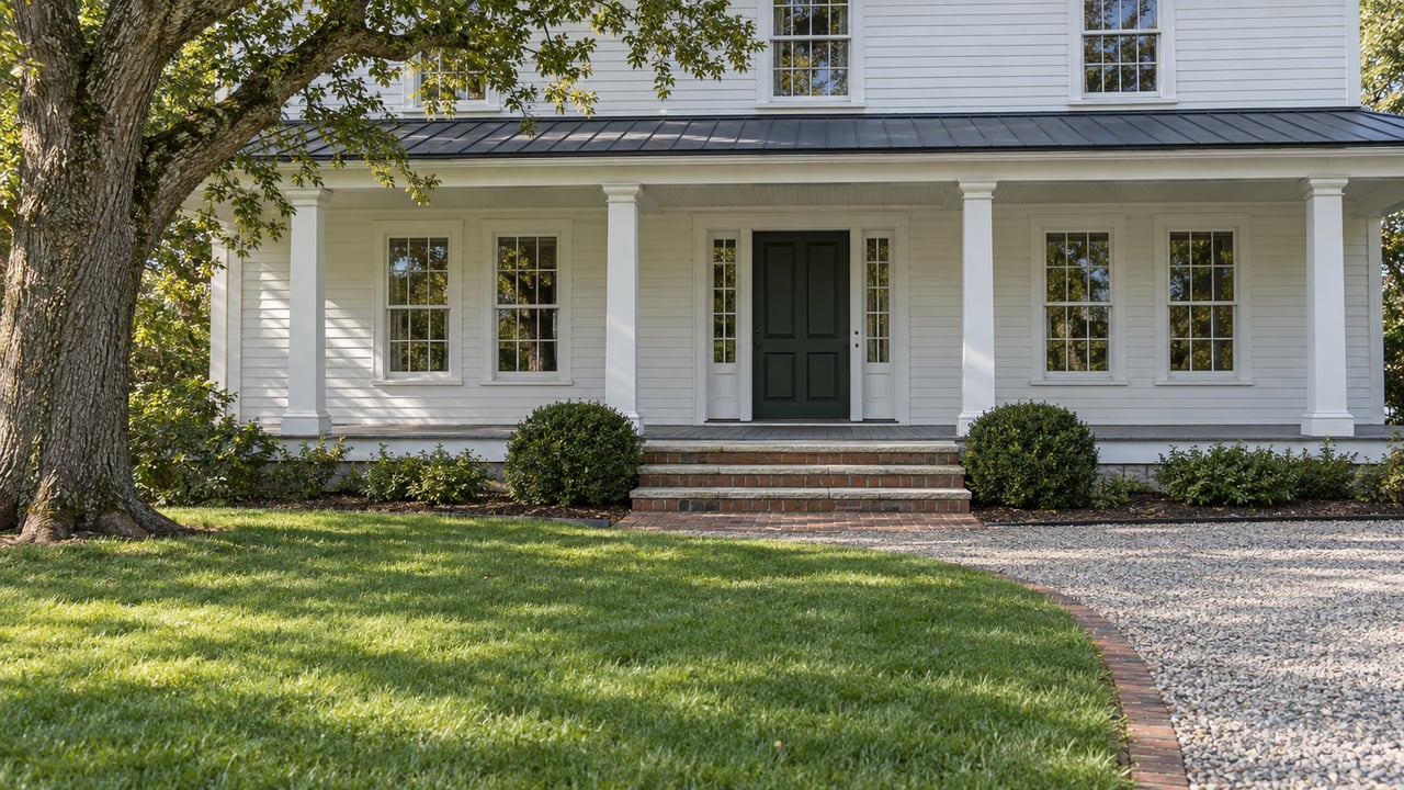 White clapboard home with a deep columned veranda, brick entry steps, gravel approach and broad lawn beneath a mature white oak.