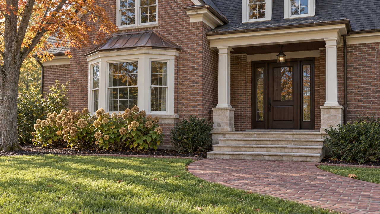 Autumn morning light on a red-brown brick home's covered entry, bay window, curved brick walk and front lawn.