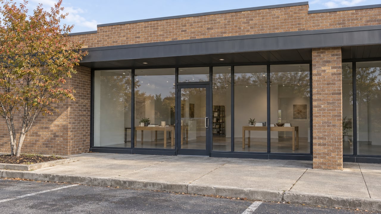 Brick storefront with dark-framed glass, oak display tables, a curbside tree, and one parking bay.