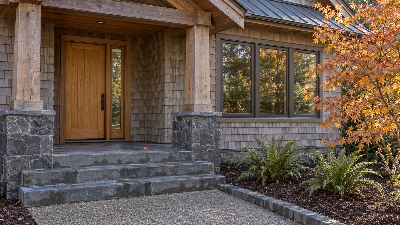 Cedar-shingle home with a sheltered timber entry, basalt porch supports, stone steps, and an autumn vine maple.