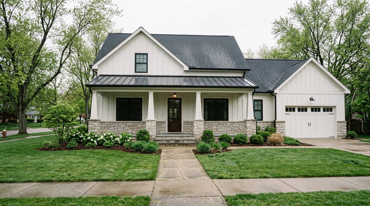 White board-and-batten home with limestone porch piers, charcoal roof, concrete walkway, and mature trees.
