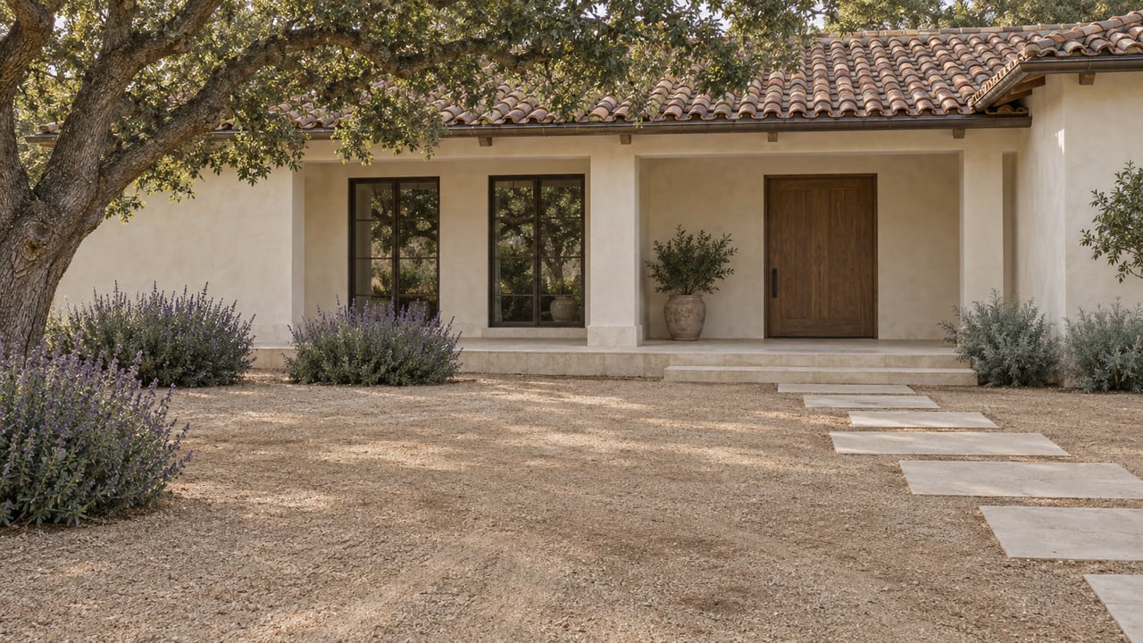 Single-story plaster estate with terracotta roof, oak door, and limestone steps across a broad gravel forecourt.