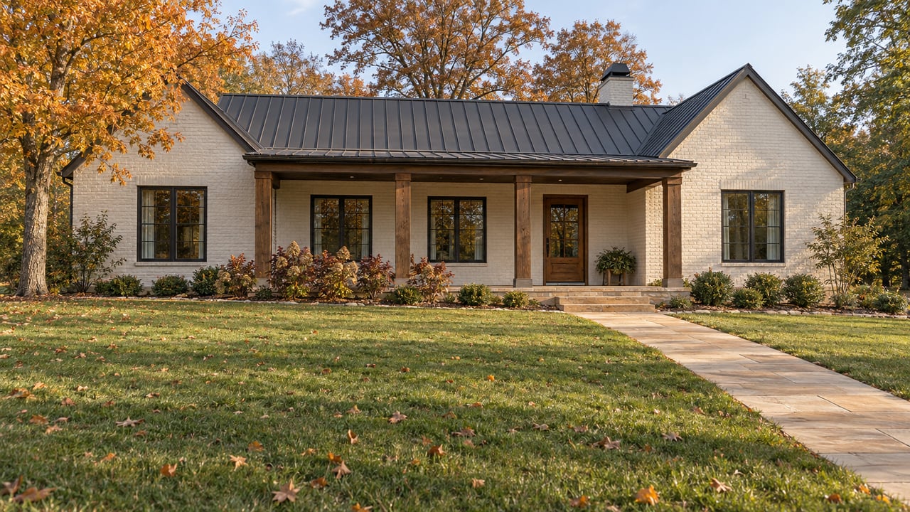 Painted-brick home with a covered sandstone porch, broad autumn lawn, and amber and russet hardwood trees.