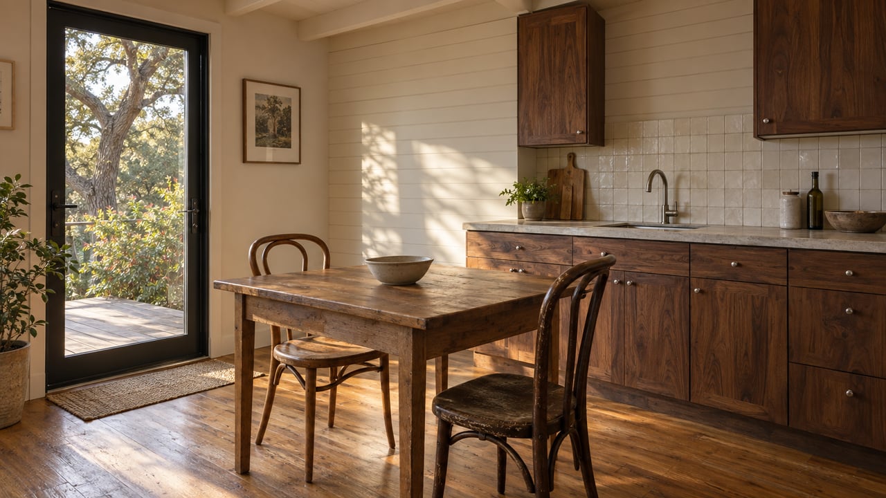 Compact cottage kitchen with walnut cabinets, oak dining table, and a closed glass patio door overlooking a deck and tree.