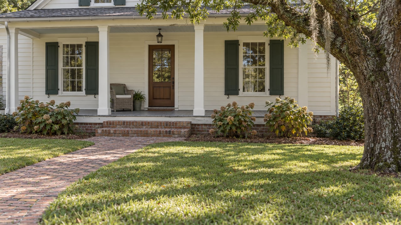 An ivory clapboard home with green shutters and a low brick-stepped porch beyond a sunlit lawn and curving brick walk, framed by a mature live oak.