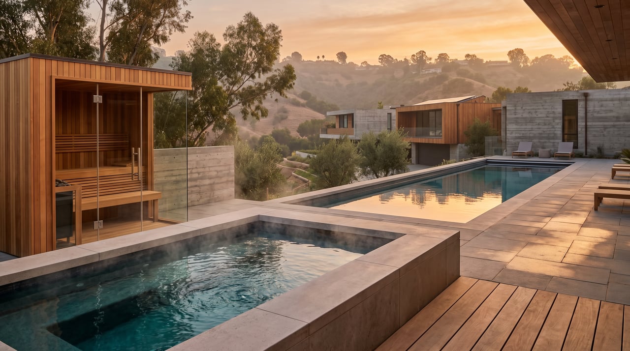 Outdoor sauna and cold plunge pool at a luxury Los Angeles hillside home at sunset, reflecting the wellness amenities trend in Southern California real estate