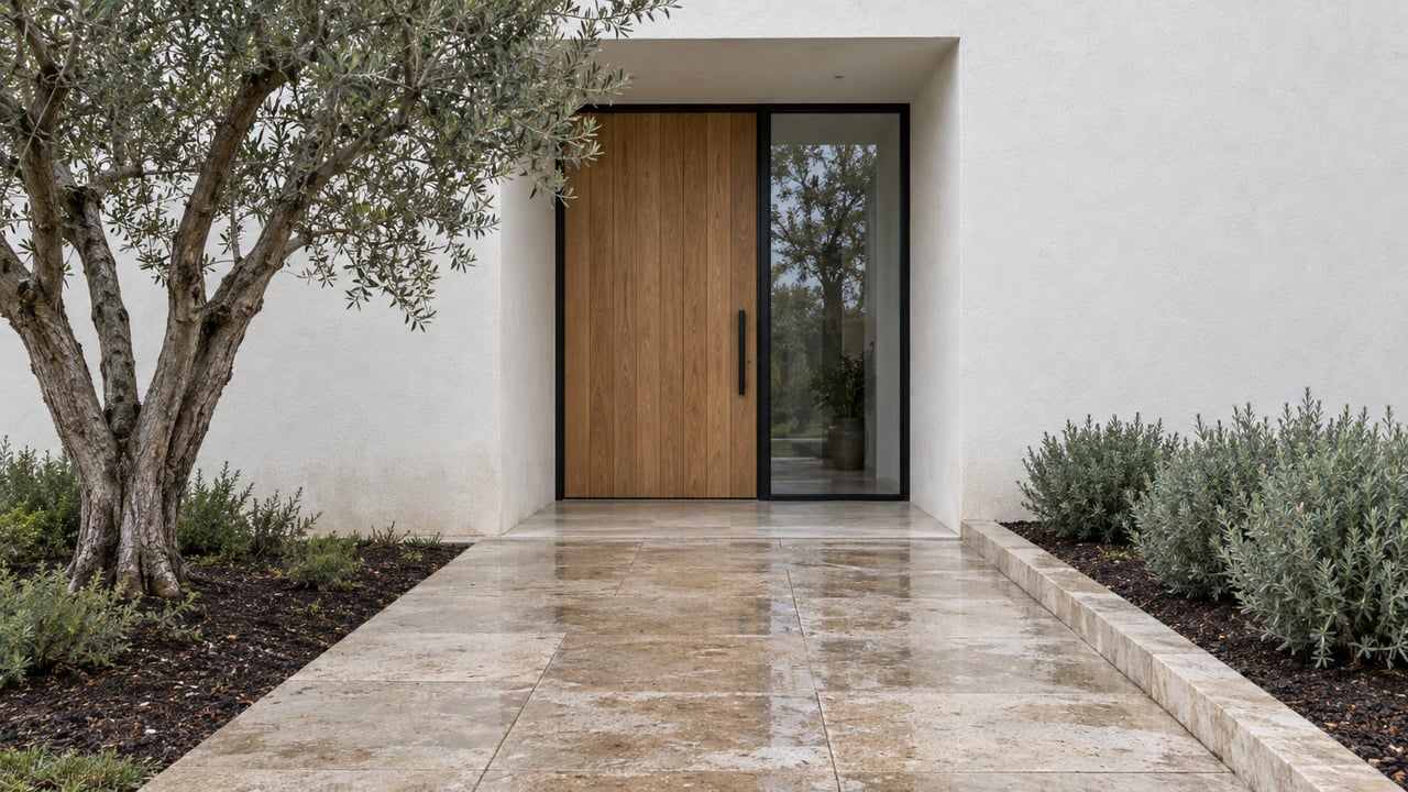 Rain-darkened limestone approach to a recessed white stucco entrance with an oak door, black-framed sidelight, and mature olive tree.