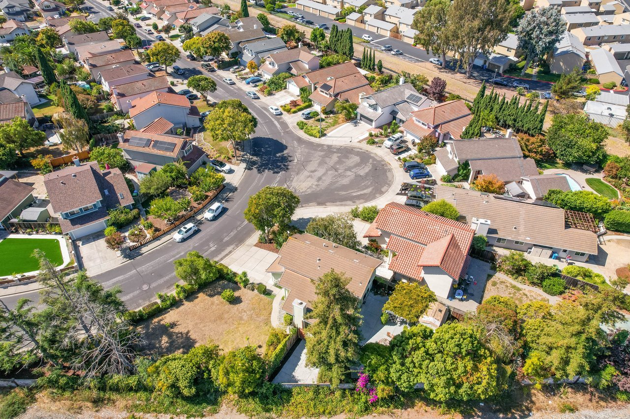 Aerial view of a residential cul-de-sac bordered by homes, mature trees, and open land.