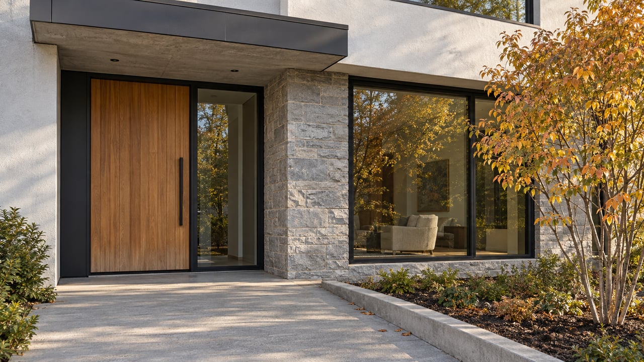 Contemporary home entry with a cedar door, grey limestone pier, black-framed glazing and copper-yellow serviceberry foliage.