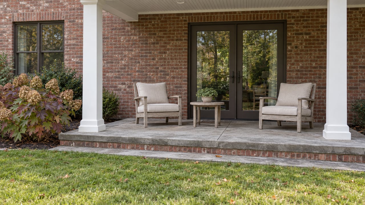 Red-brick home's covered rear porch with glazed double doors, weathered teak chairs, a raised terrace and autumn oakleaf hydrangeas.