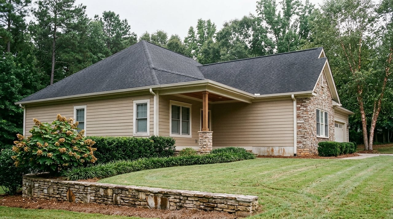 Tan-sided home with a stacked-stone accent, low stone wall, and dense tree line.