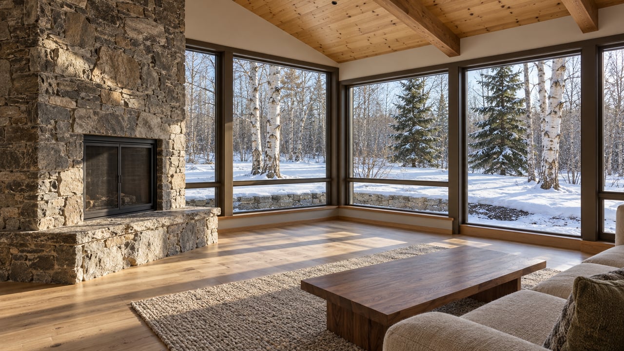 Timber-ceiling living room with a stone fireplace, wool sofa and tall enclosed windows overlooking snow and birch trees.