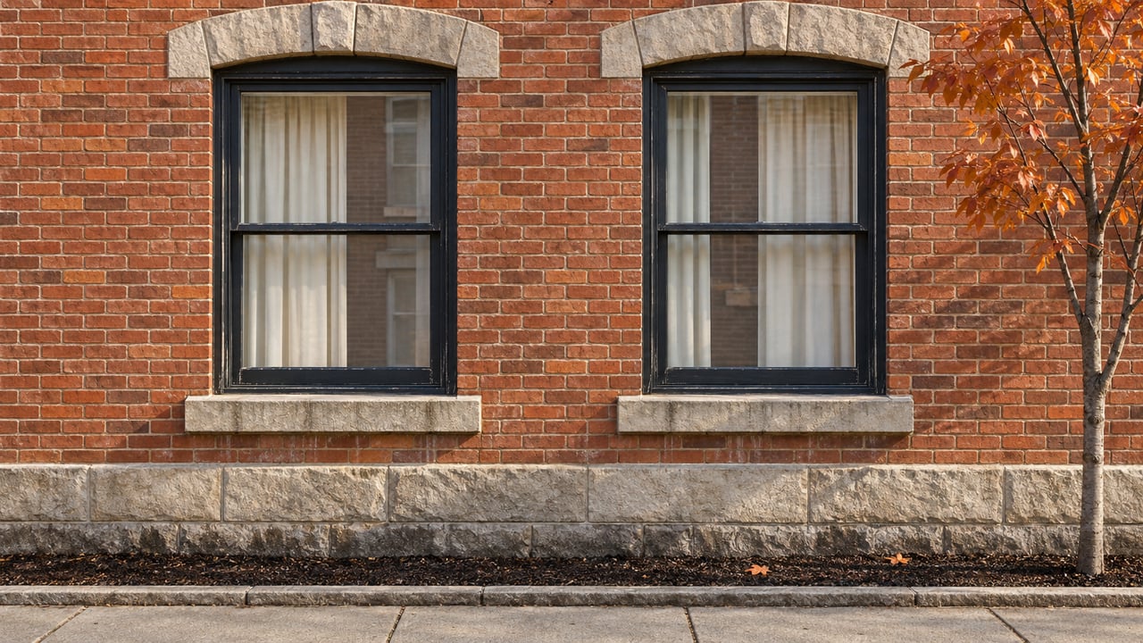 Paired timber sash windows beneath limestone arches in a red-brick residential facade, with copper-orange serviceberry leaves beside a narrow planting bed.