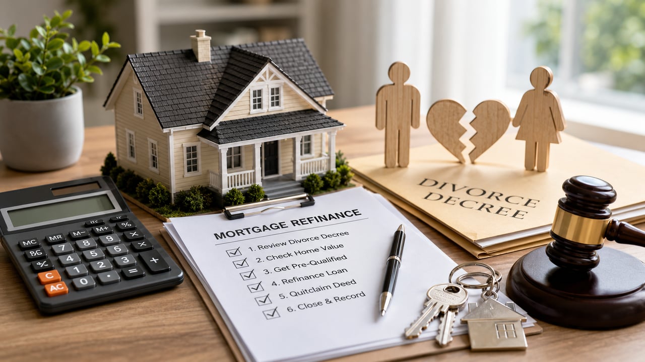 Illustration of a home model, refinance documents, calculator, house keys, divorce decree, and gavel representing the process of refinancing a marital home after divorce in Florida, including mortgage removal, quitclaim deed, and homeownership transfer.