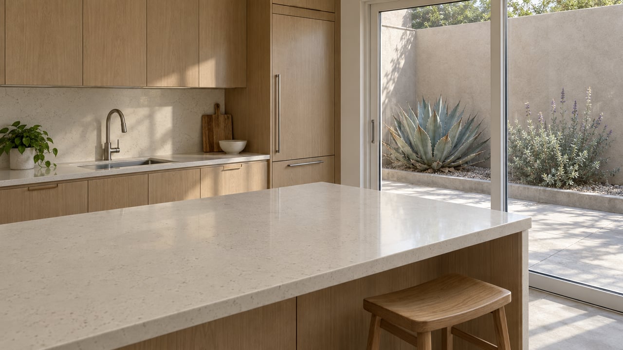 Light-oak kitchen cabinetry and a pale quartz island beside closed patio doors overlooking a small stucco-walled terrace with an agave and flowering sage.