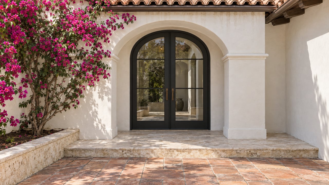 White stucco courtyard entry with arched black-framed glass doors, terracotta roof tiles and magenta bougainvillea beside a limestone landing.