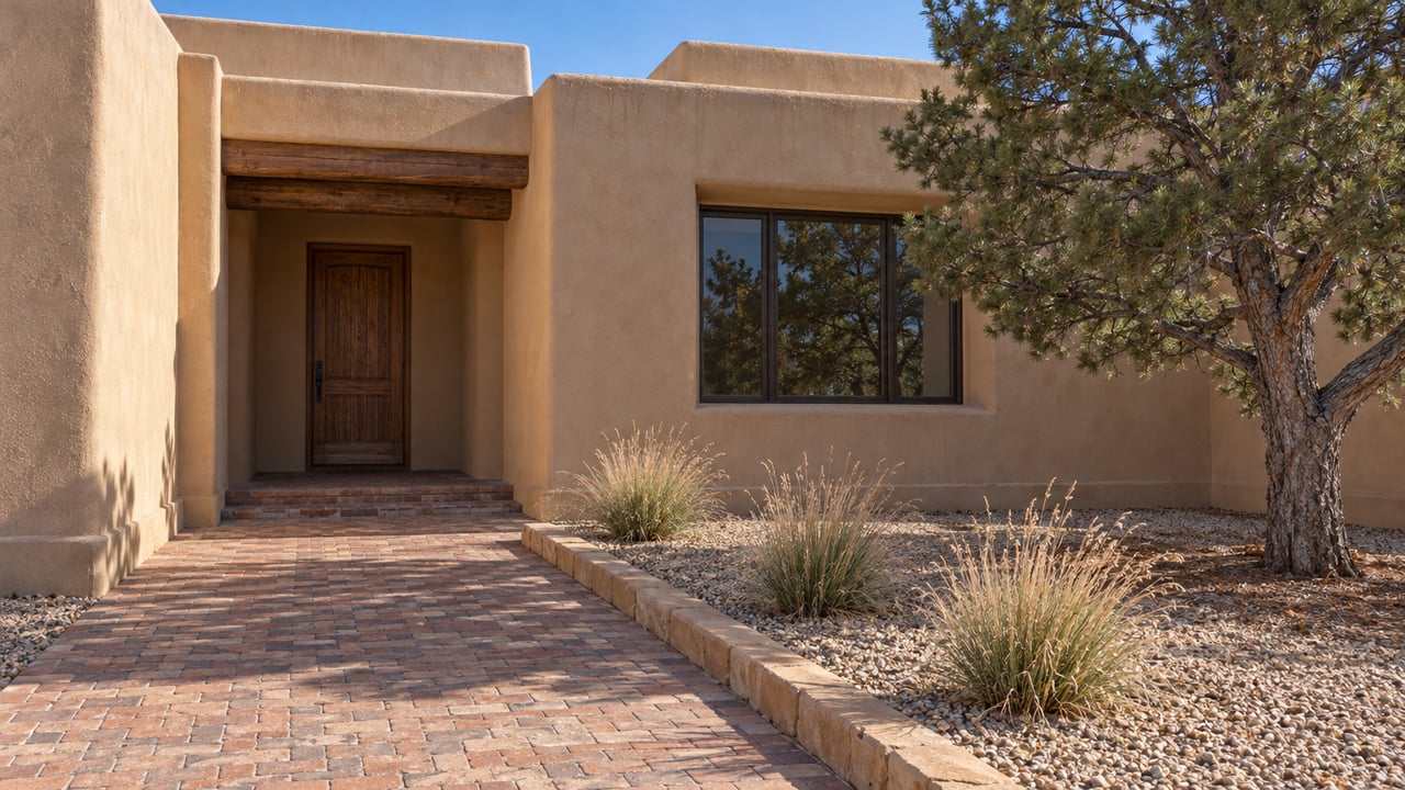 Camel stucco home with a recessed timber entry, brick approach and a sculptural pinyon pine in a gravel garden.