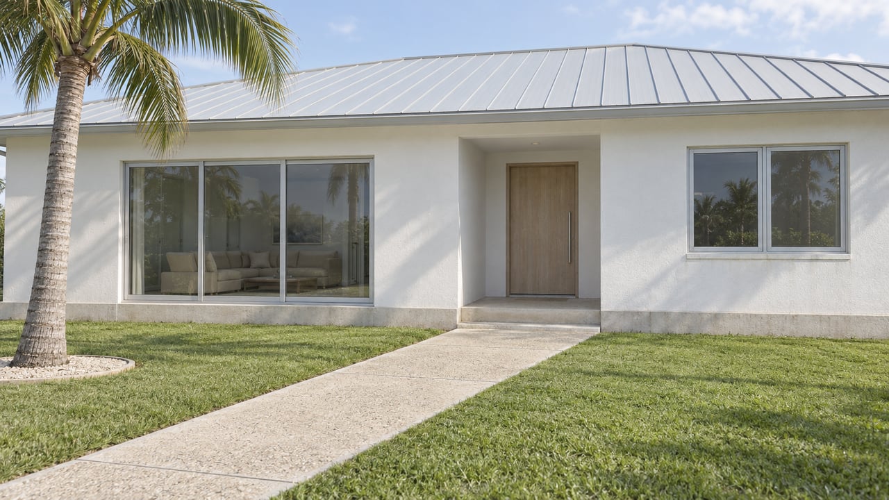 White stucco home with a pale metal roof, broad glass doors, a limestone aggregate approach, and one curved coconut palm beside a green lawn.