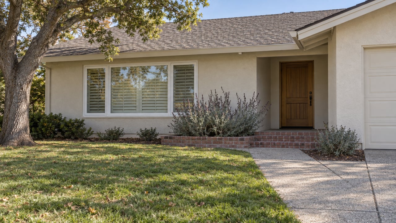 A light stucco single-story home with a brick entry, broad front lawn, and mature oak in morning sunlight.