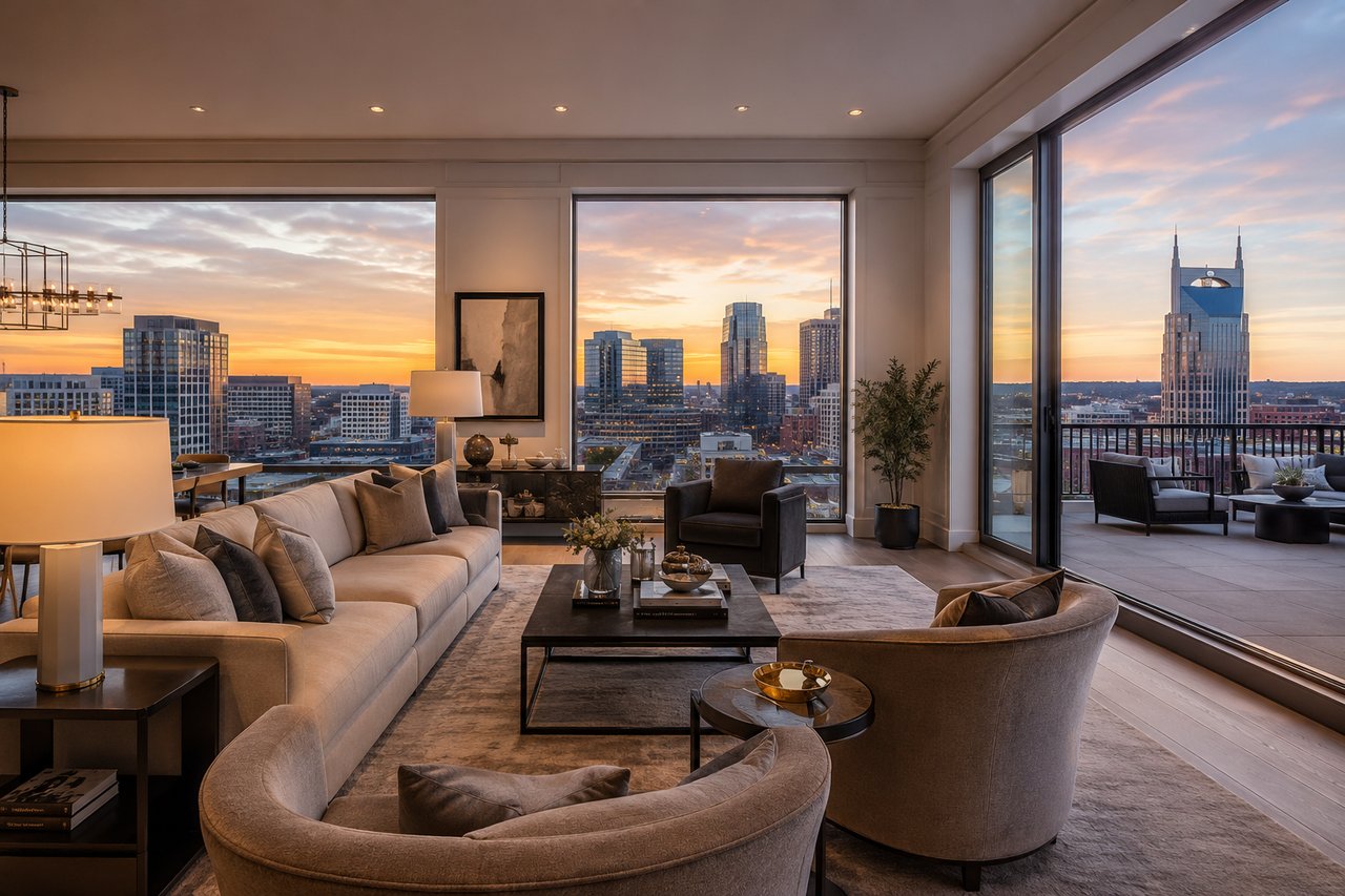 Bright, upscale luxury home interior with floor-to-ceiling windows overlooking the Nashville skyline, representing the premium lifestyle, modern design, and personalized real estate experience sought by luxury buyers choosing Compass in Nashville.