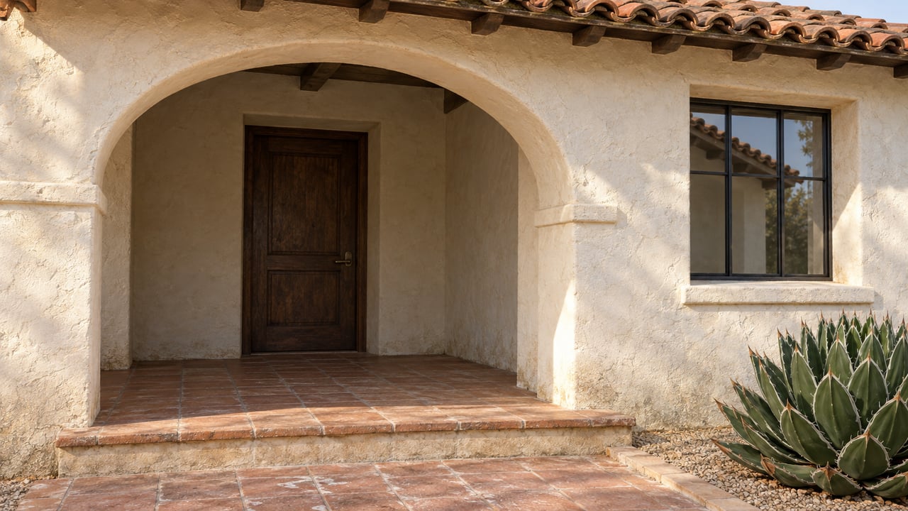 Morning light on an ivory stucco arched porch, clay roof tiles, recessed oak door and worn terracotta steps beside a compact agave.