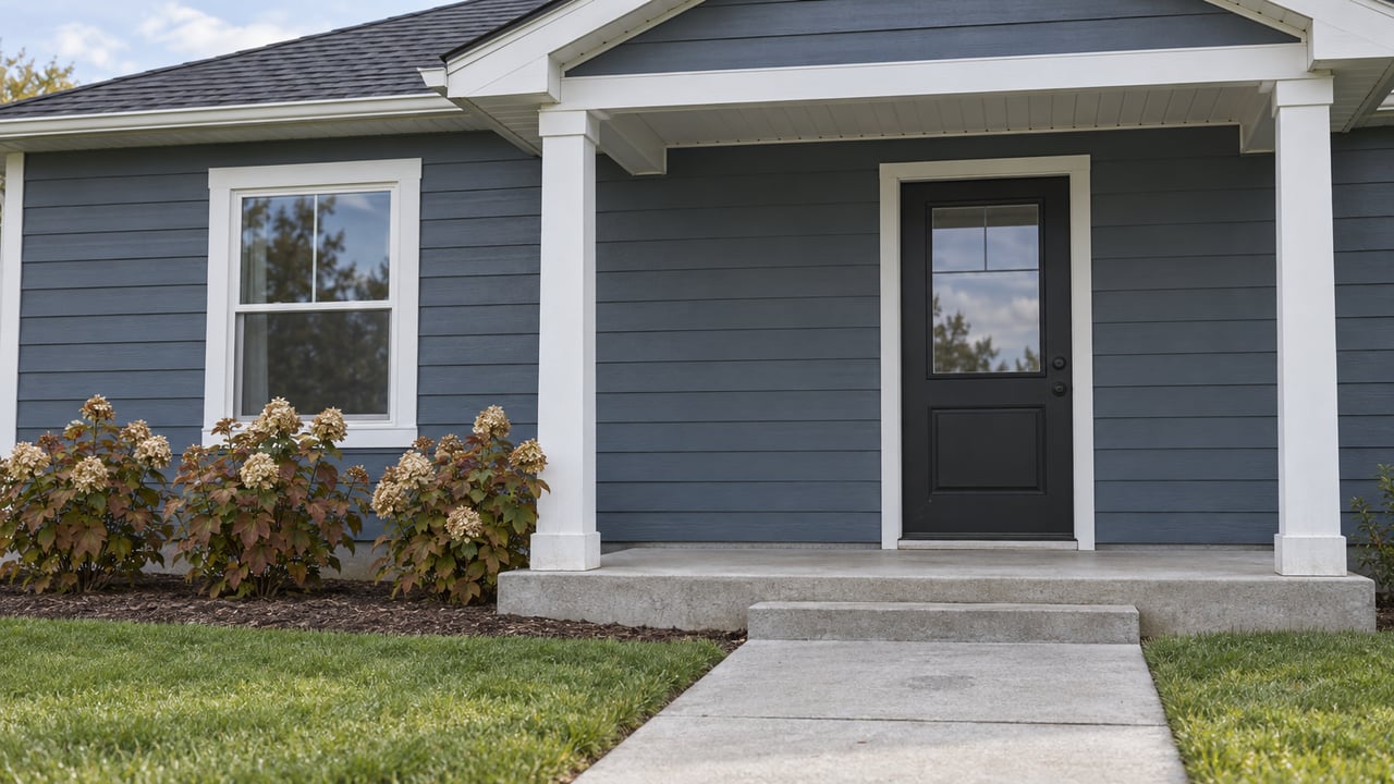 Blue-gray single-story cottage entry with white porch posts, a dark glazed door, concrete approach and oakleaf hydrangeas.