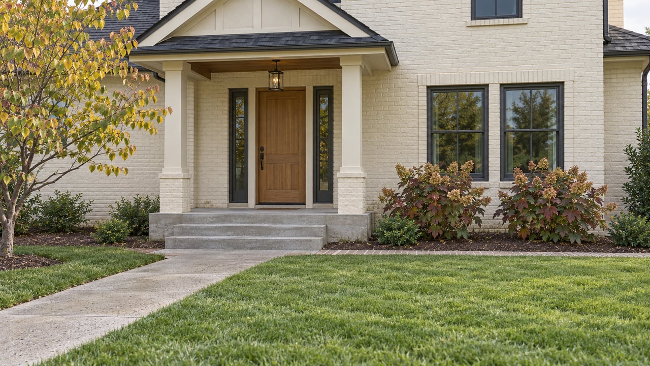 Ivory brick home with an oak front door, covered porch, concrete walk and broad lawn bordered by a redbud and oakleaf hydrangeas.