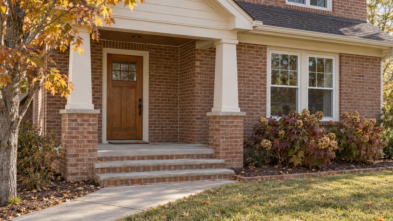 Brick home with a covered gabled porch, oak entry door, autumn hydrangeas and an amber-leaved maple.