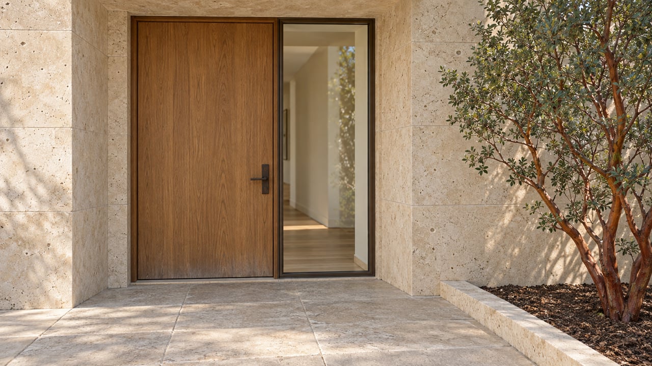 A recessed oak entrance with a bronze-framed sidelight, buff limestone paving and a sculptural red-barked manzanita.