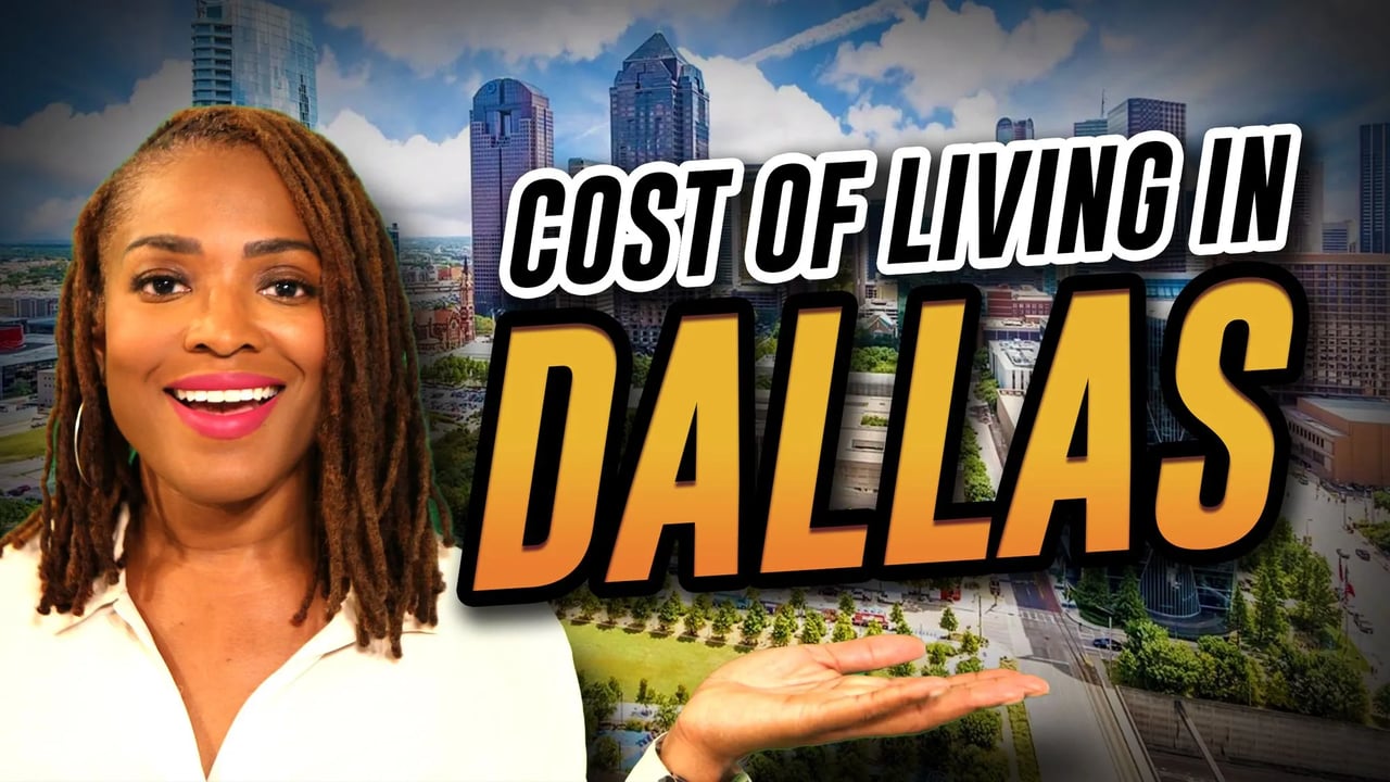 Cost of living in Dallas, with a woman gesturing toward the skyline.