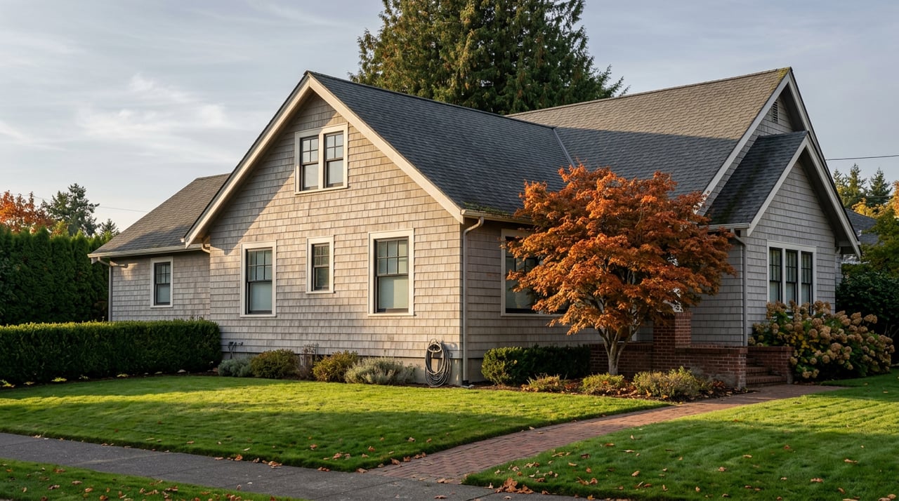 Cedar-shingled home with a dormer, orange-red Japanese maple, and deep front lawn.