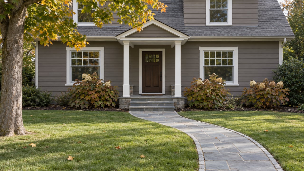 Gray-shingled house with a covered entrance and curved stone walkway, framed by autumn leaves.
