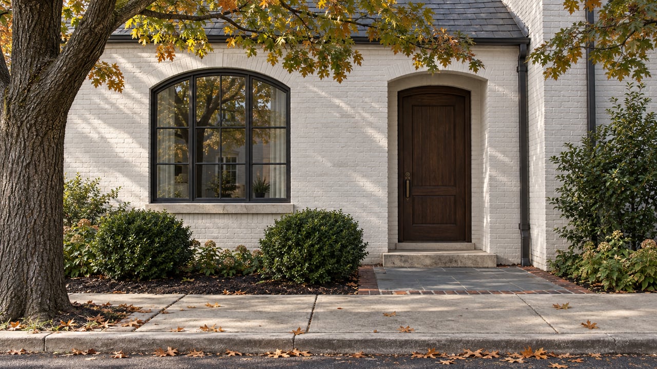 Light-painted brick home with an arched window, recessed wood door, oak branches, and a short sidewalk approach.