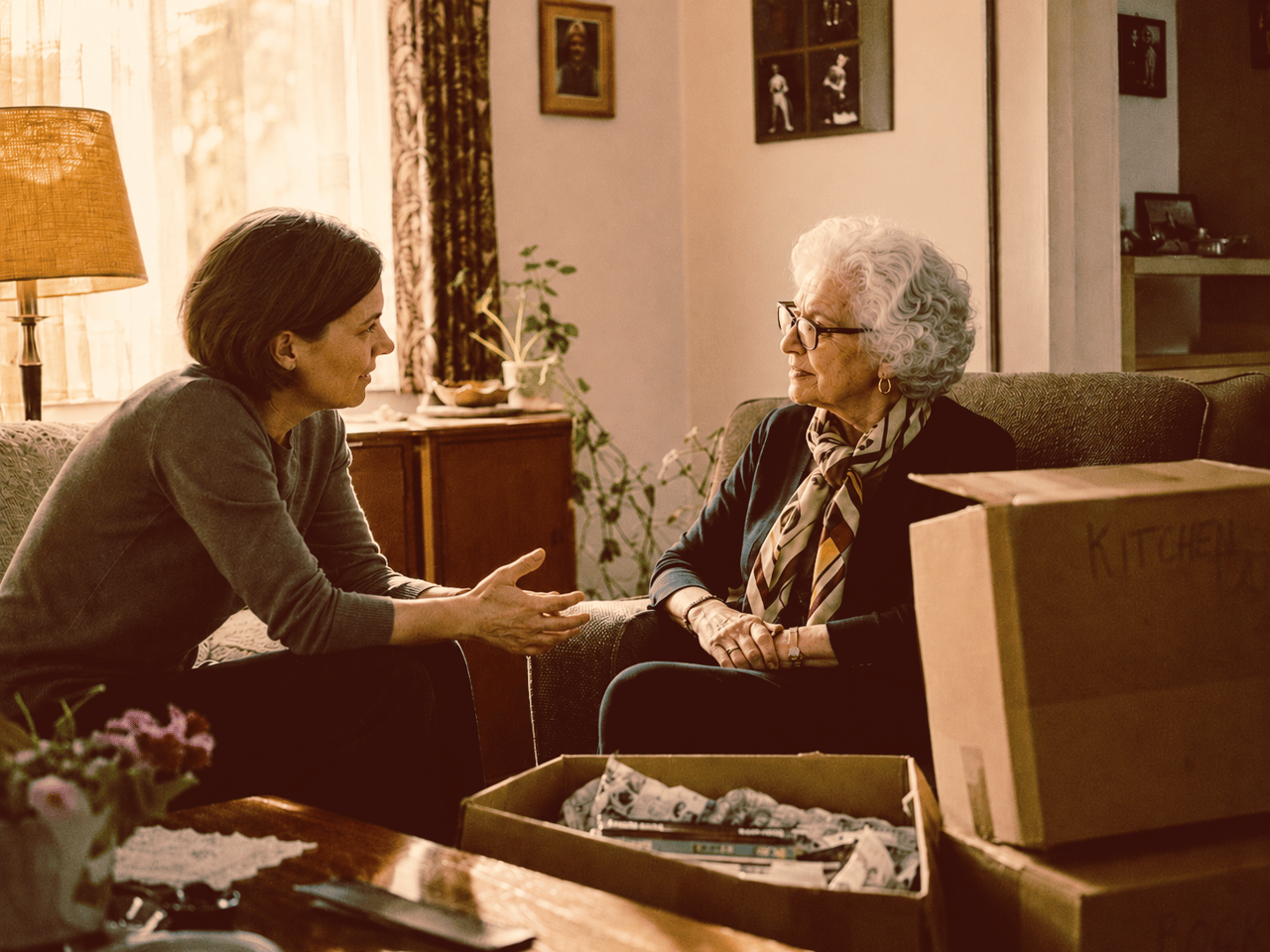 Adult daughter and mother having a conversation in a living room while packing boxes to downsize