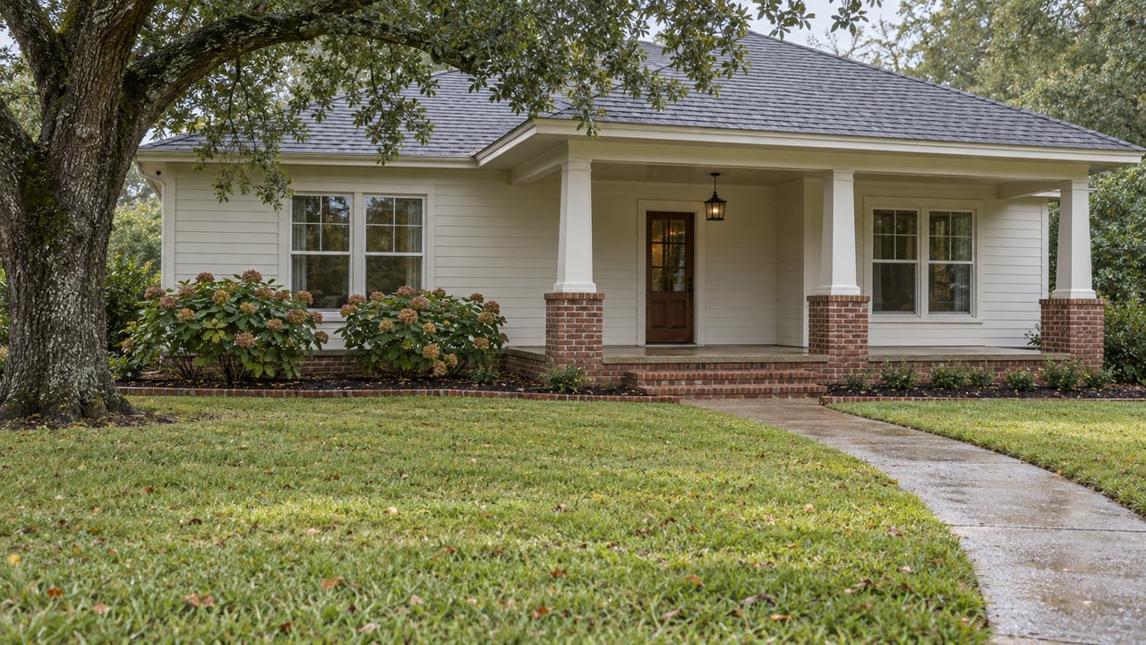 A warm-white single-story home with a recessed porch, broad damp lawn, brick-edged hydrangeas and a spreading live oak.