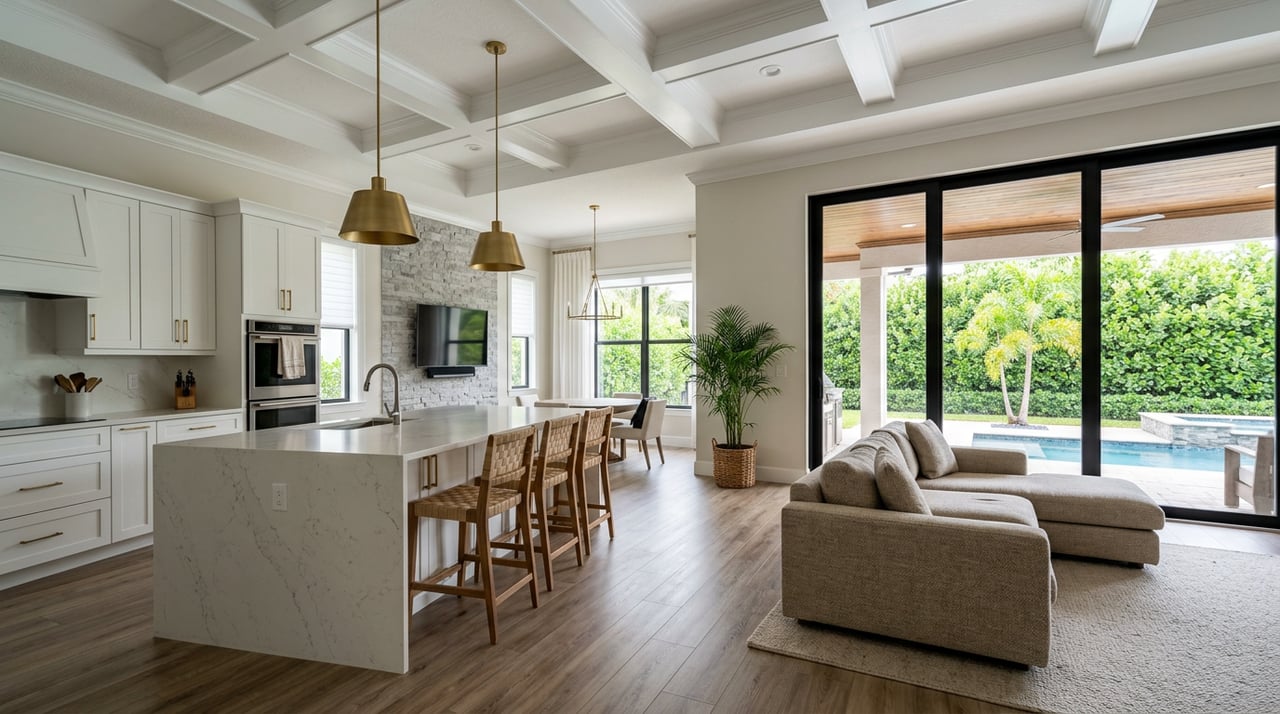 Open-plan great room with a quartz island, neutral sectional, and glass doors overlooking a pool and palm.