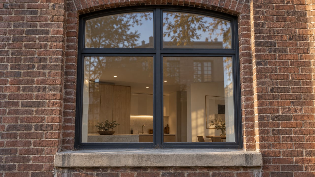 Warm afternoon light grazes an old brick residential facade with a dark steel window and weathered limestone sill; pale oak cabinetry is visible behind the closed glass.