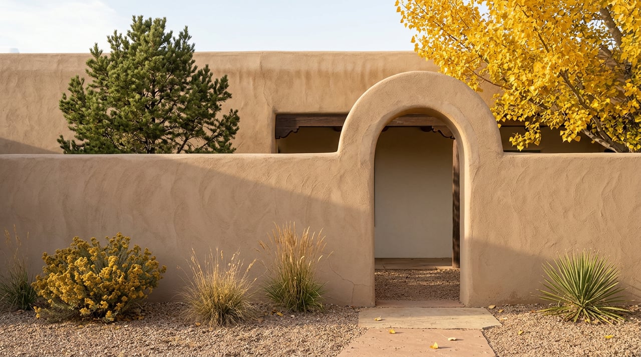 Warm tan stucco courtyard wall with a rounded arch, golden cottonwood leaves, and a gravel path with sandstone stepping stone.